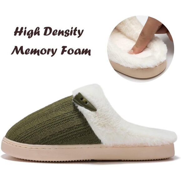Women's Green Scuff Faux Fur Lining Memory Warm Foam Plush Slippers Shoes - Picture 5 of 8